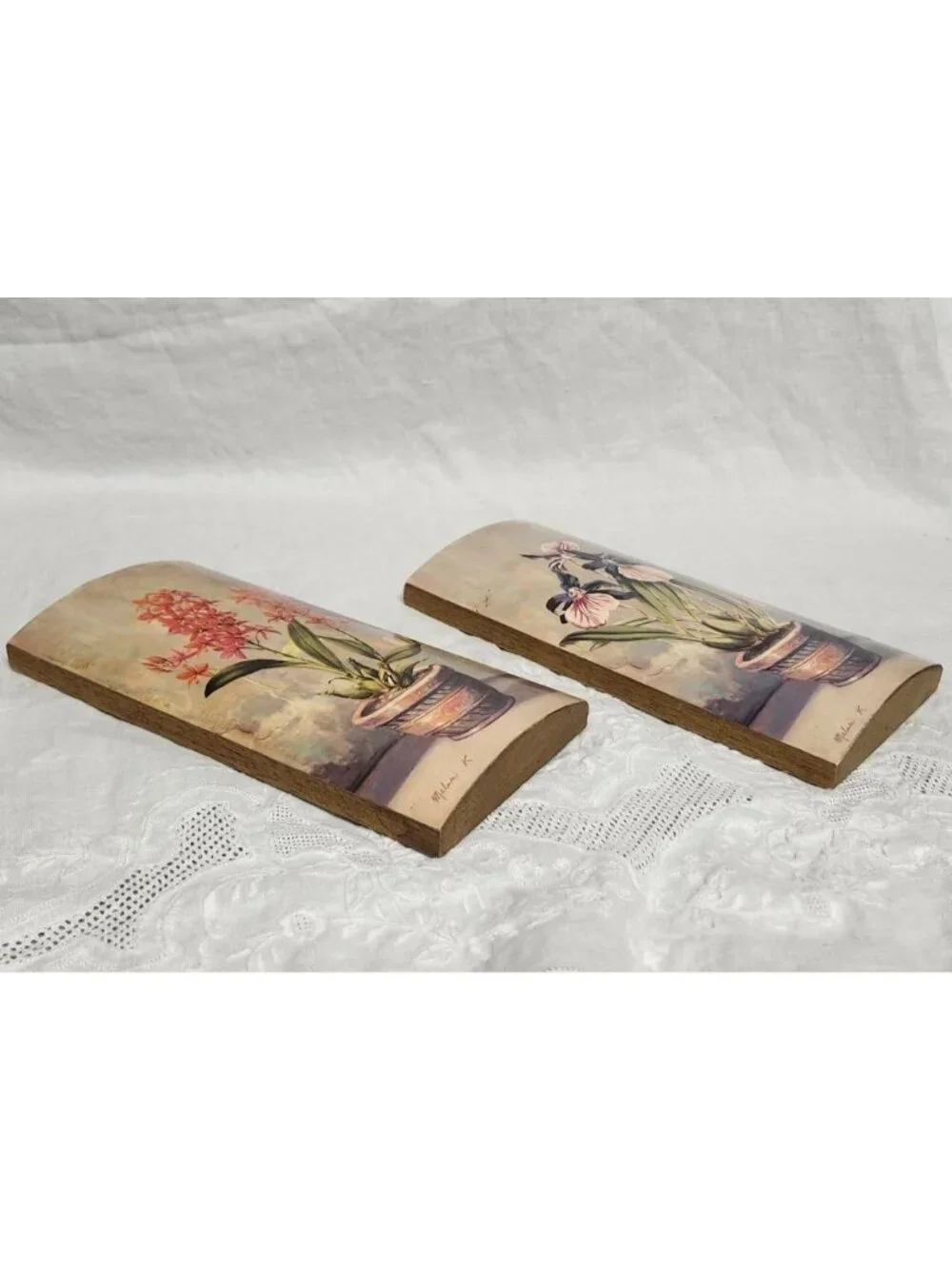 Vintage Signed Floral Prints On Wood Made In Italy Set Of 2 Cottagecore Romantic